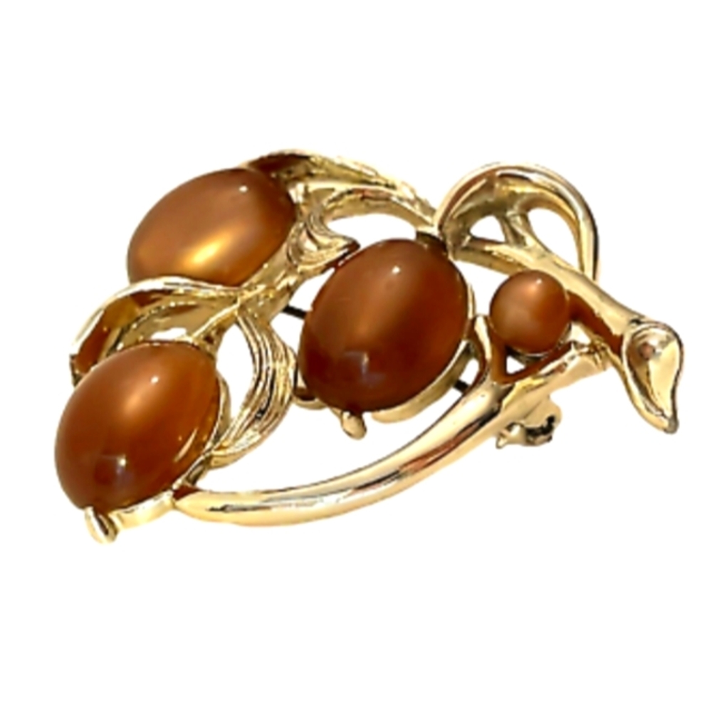 👉*VTG* LISNER COCOA BROWN MOONGLOW BROOCH PIN ~CABOCHON ACORN FLOWERS ~SIGNED